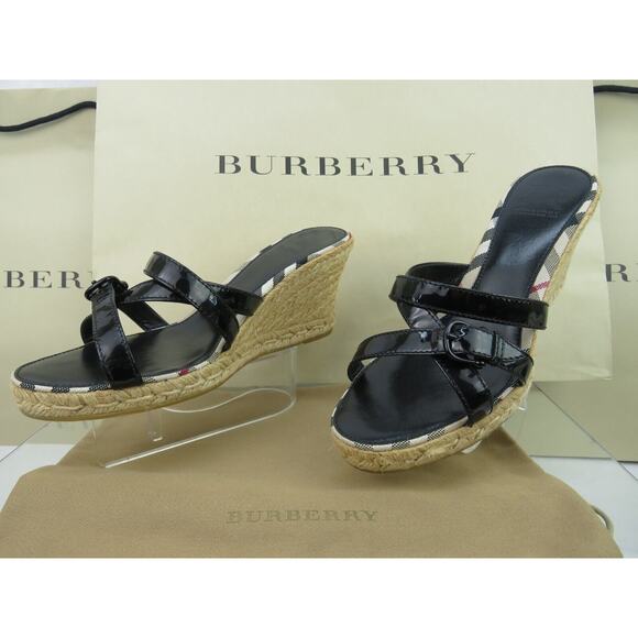 BURBERRY BLACK PATENT LEATHER CHECK LOGO SLIDE JUTE ESPADRILLE SANDALS 40 10 - Picture 9 of 14